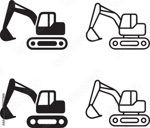 Isolated excavator icons, excavator icon set with solid, line, outline, minimal thin stroke styles, heavy construction machinery, editable vector excavator art, builder buyers