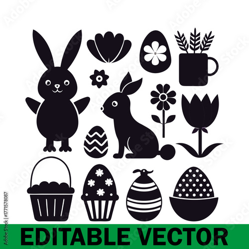 Happy easter vector design featuring cartoon bunny,decorated eggs,spring flowers,and happy sun against a creamy background perfect for celebrations