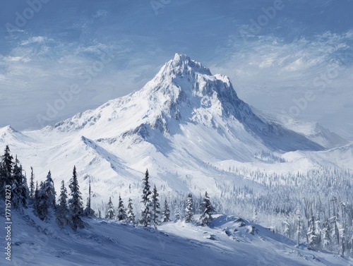 Winter Landscape with Towering Snow-Capped Mountain Peak and Icy Forest Below Clear Blue Sky Dramatic Arctic Scenery with Frosted Trees and Vast Wilderness Wintery Vista with Distant Peaks 