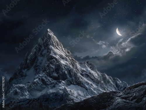 Crescent Moon Over Snowy Mountain Dark Sky Night Scene Winter Landscape Cloudy Peaks Icy Terrain Cold Atmosphere Wilderness Vista