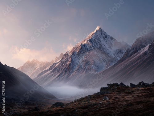 Mountain Valley Morning Light Snow-Capped Peaks Foggy Bottom Blue Sky Serene Wilderness Landscape Outdoors Travel Destination Panoramic View