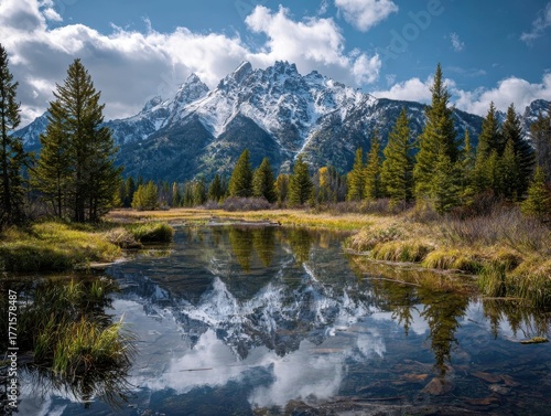 Lush Forest Mountain Reflection in Calm Lake Blue Sky Clouds Grand Teton National Park