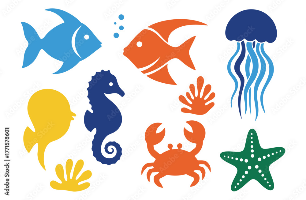 Fototapeta premium Collection of colorful sea life silhouettes including fish with bubbles, a jellyfish, seahorse, crab, starfish, and shells, a marine animal vector icon set