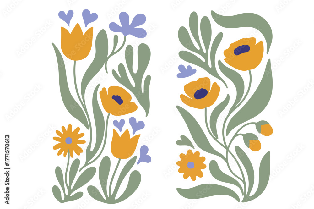 Fototapeta premium Two vertical folk art floral arrangements with tulips, poppies, daisies, and heart shaped flowers
