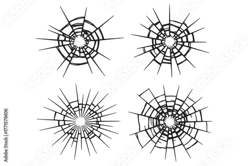 Cracked glass patterns isolated on white background a collection of shattered glass designs, simulating damage, destruction, and fragility in various forms