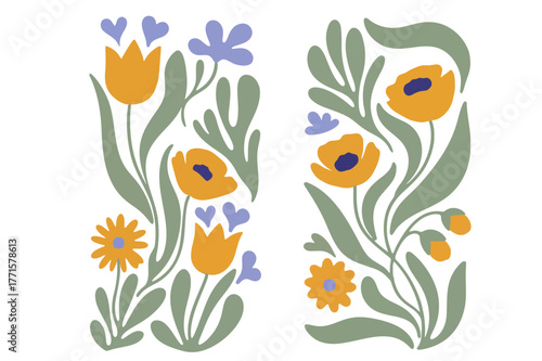 Two vertical folk art floral arrangements with tulips, poppies, daisies, and heart shaped flowers