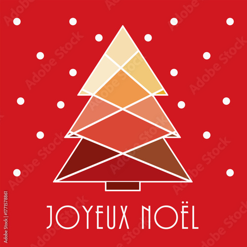 Carte de vœux joyeux noël sur fond rouge. Sapin graphique multicolore. Illustration vectorielle dessinée à la main. Français.