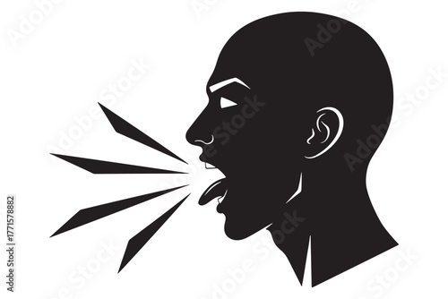 Silhouette of a person shouting isolated on white background, depicting communication, expression, and vocalization with a powerful and expressive gesture