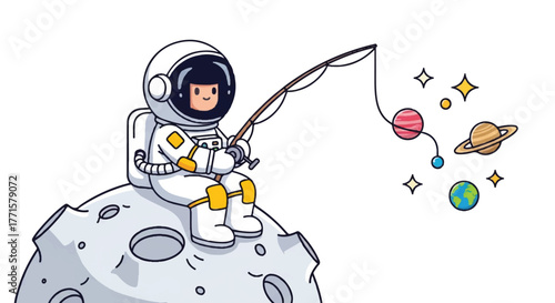 Astronaut in a white spacesuit sitting on a moon rock fishing for planets and stars with a cartoonish rod.