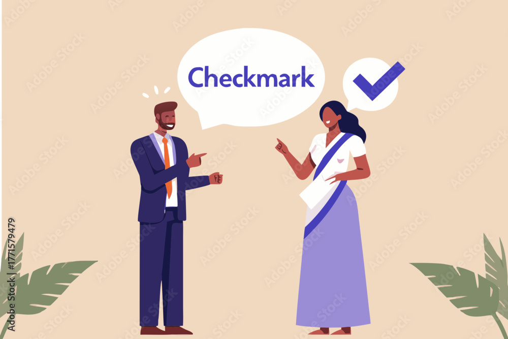 Obraz premium Diverse colleagues collaborate and confirm a successful outcome with a checkmark and speech bubble