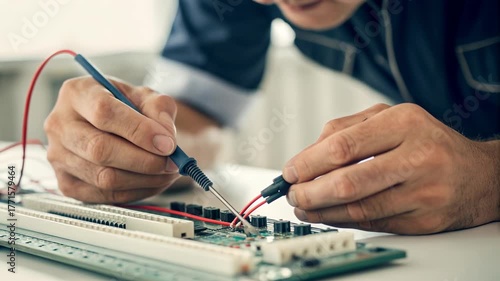 Electronic circuit board repair multimeter probe soldering technician hands close up workspace electronics circuit testing printed circuit board
