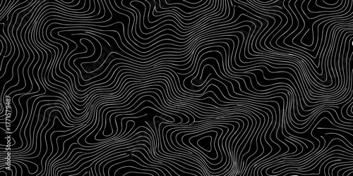 Abstract topographic map contour lines pattern on black background with white wavy lines