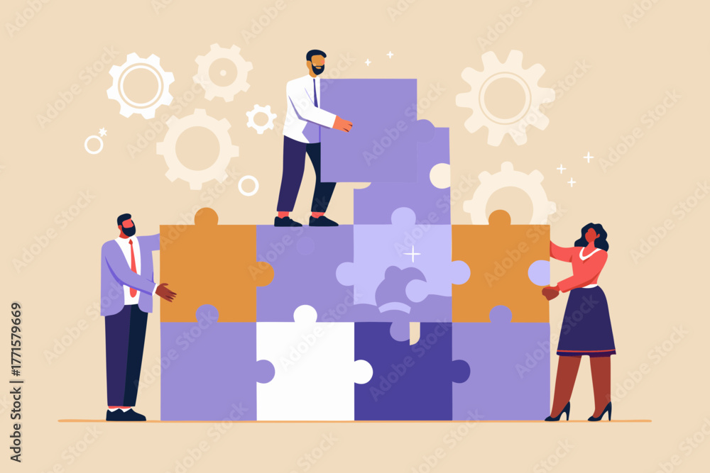 Fototapeta premium Diverse team of professionals collaborating to build a complex puzzle structure together