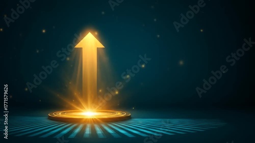 Golden arrow pointing upward on podium with light effects and background
