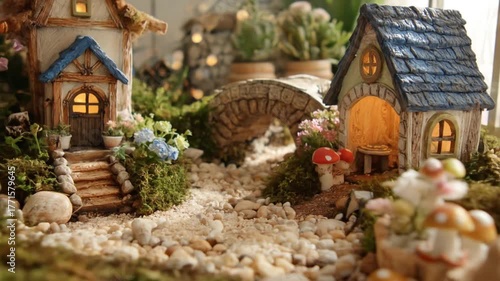 Miniature fairy garden scene with charming houses and bridge daytime
