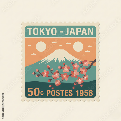Vintage Tokyo Japan Cherry Blossom Postage Stamp Illustration
