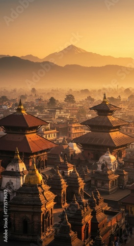 Kathmandu cityscape view with temples and mountains at sunrise in nepal, asia.