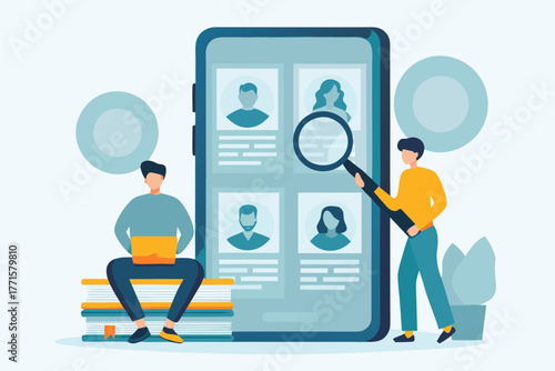 Two people interacting with a large smartphone displaying user profiles and a magnifying glass for searching