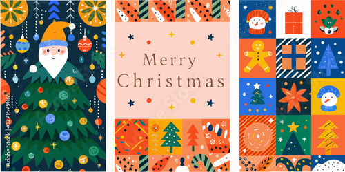 Whimsical christmas collage featuring santa claus festive trees snowman gingerbread man and gifts