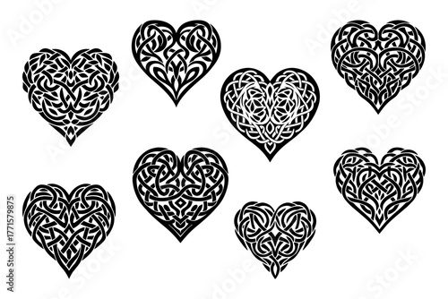 Hearts in Celtic Style Folk Detailed Silhouettes set black and white