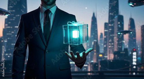 Futuristic Gift: An executive, dressed in a sharp suit, presents a glowing, holographic gift, set against a cyberpunk cityscape, representing innovation and forward-thinking concepts.