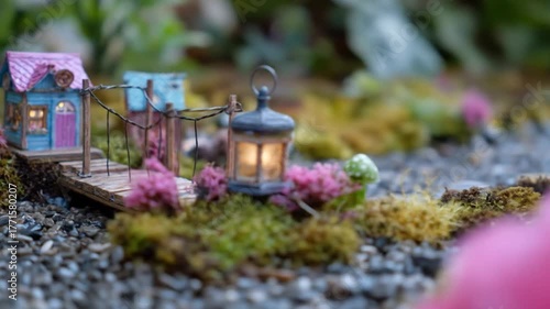 Miniature houses and bridge with lantern in garden setting