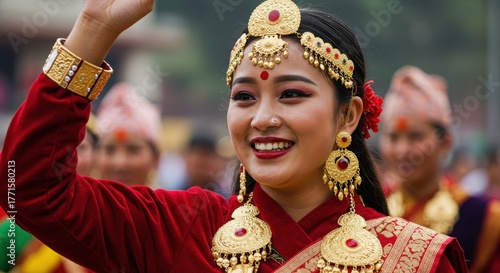 Smiling woman in traditional nepalese dress with gold jewelry during a festival.