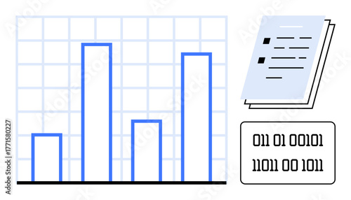 Bar graph on grid highlighting data comparison, binary code representing digital data, stacked documents denoting reports. Ideal for analytics, statistics, research, coding, tech, reporting flat