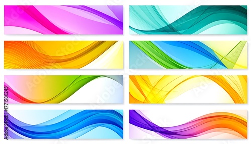 Eight abstract rectangular designs featuring flowing, translucent, colorful waves. Colors include pink, blue, green, yellow, orange, and their gradients