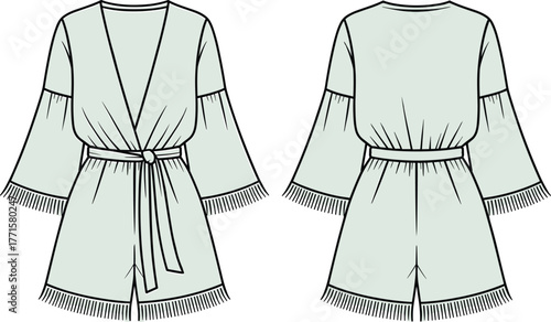 Women romper fashion design technical flat sketch, CAD drawing flat vector illustration of stylish short sleeve playsuit with waist belt