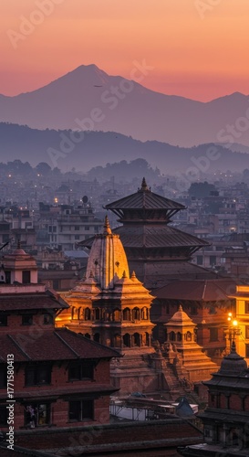 Kathmandu valley with temples and mountains at sunrise, nepal. Cityscape view.
