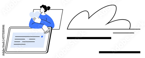 Woman holding heart beside tablet displaying text, focusing on emotional connection and digital communication. Ideal for healthcare, technology, care, connection, communication, support, empathy