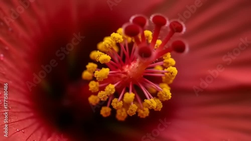 Close-up of vibrant red hibiscus flower with yellow stamen