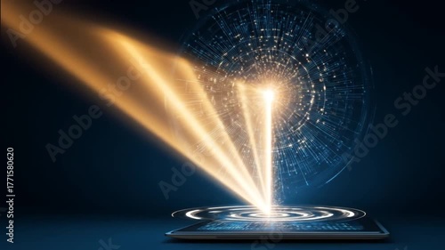 Abstract digital sphere with beam of light on dark background