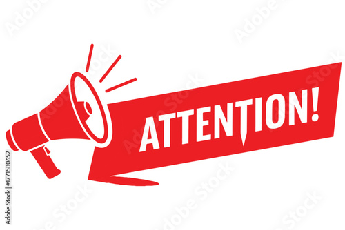 A red megaphone with the word attention isolated on white background, perfect for grabbing attention and conveying important messages