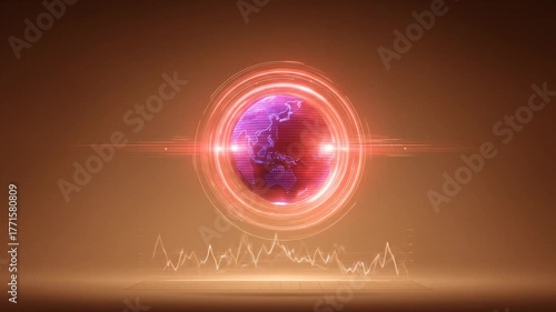 Abstract red sphere with glowing rings data visualization on gradient background