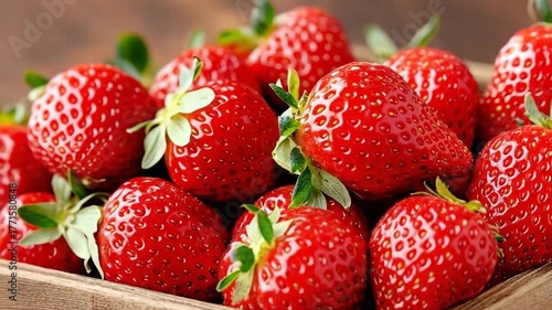 Fresh red strawberries gathered in a rustic wooden basket displayed in sunlight
