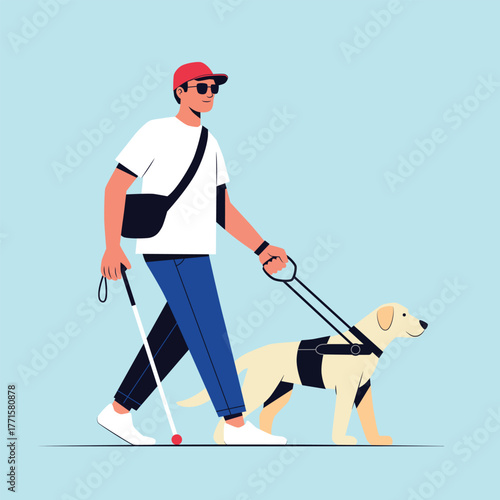 Blind Man Walking with Guide Dog