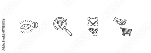 A I D A marketing icon set collection of graphic icon illustrations including Attention, Interest, Desire, and Action. Editable strokes on a white background.