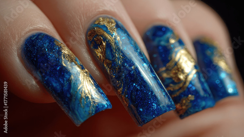 Luxurious Blue and Gold Marble Nail Art