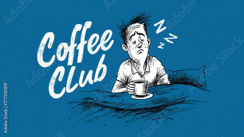 Sleepy Man with Coffee Mug in Bed Illustration