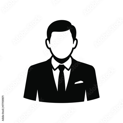 Black silhouette of a faceless businessman in a suit with a tie icon