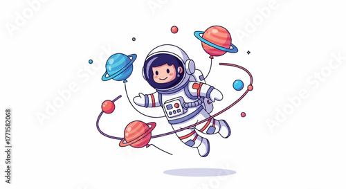 A cartoon astronaut floats in space surrounded by colorful planets and stars wearing a white spacesuit with orange stripes.