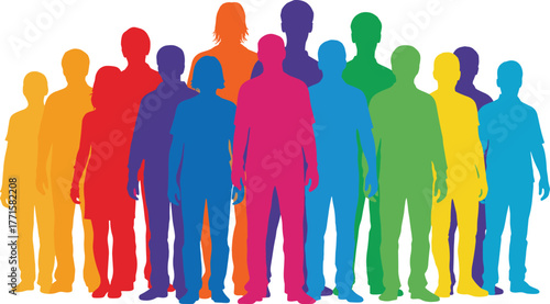 Colorful human silhouettes, rainbow diversity, unity concept, inclusion theme, LGBTQ pride, standing group, abstract people, vibrant colors, symbolic illustration, equality, multicultural crowd,