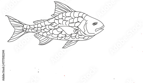 Hand drawn outline vector illustration of a fish swimming upwards with textured scales on a black background