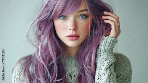 Beautiful Woman with Purple Hair and Striking Blue Eyes