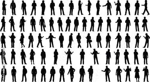 "Silhouette People Collection, Diverse Human Poses, Standing Gestures, Body Language, Black Figures, Grid Layout, Minimalist Design, Vector Art"