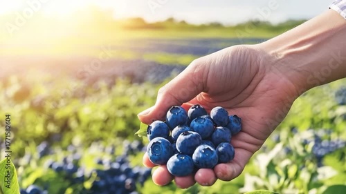 Hand harvesting fresh blueberries in a sunny field during summer