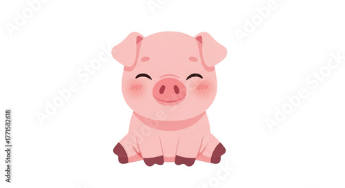 A cheerful cartoon pig with rosy cheeks and closed eyes sits on a plain white background with a cute and playful mood.