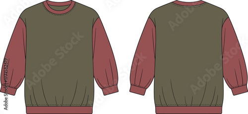 Crewneck sweatshirt vector, olive green, reddish brown, puff sleeve, front back view, fashion CAD, flat sketch, apparel design